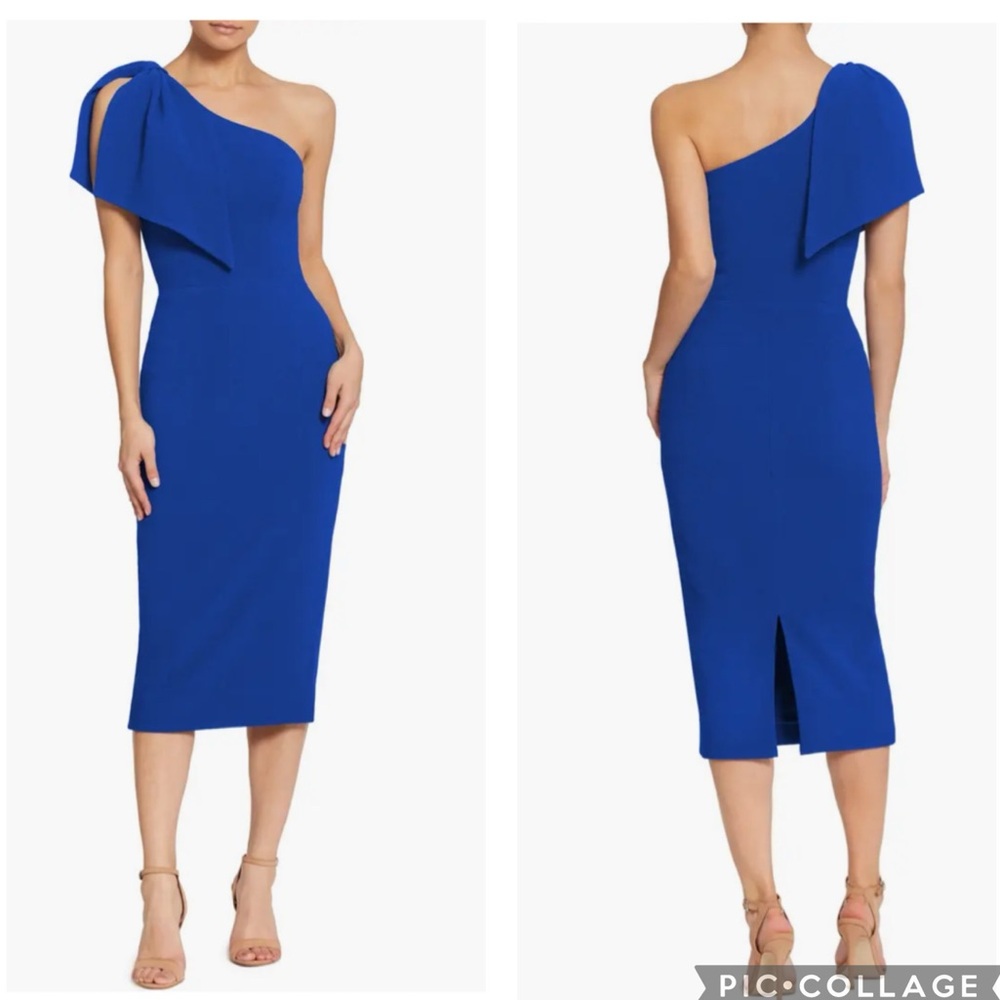 43. Dress the Population Tiffany One-Shoulder Midi Dress in Blue Size M